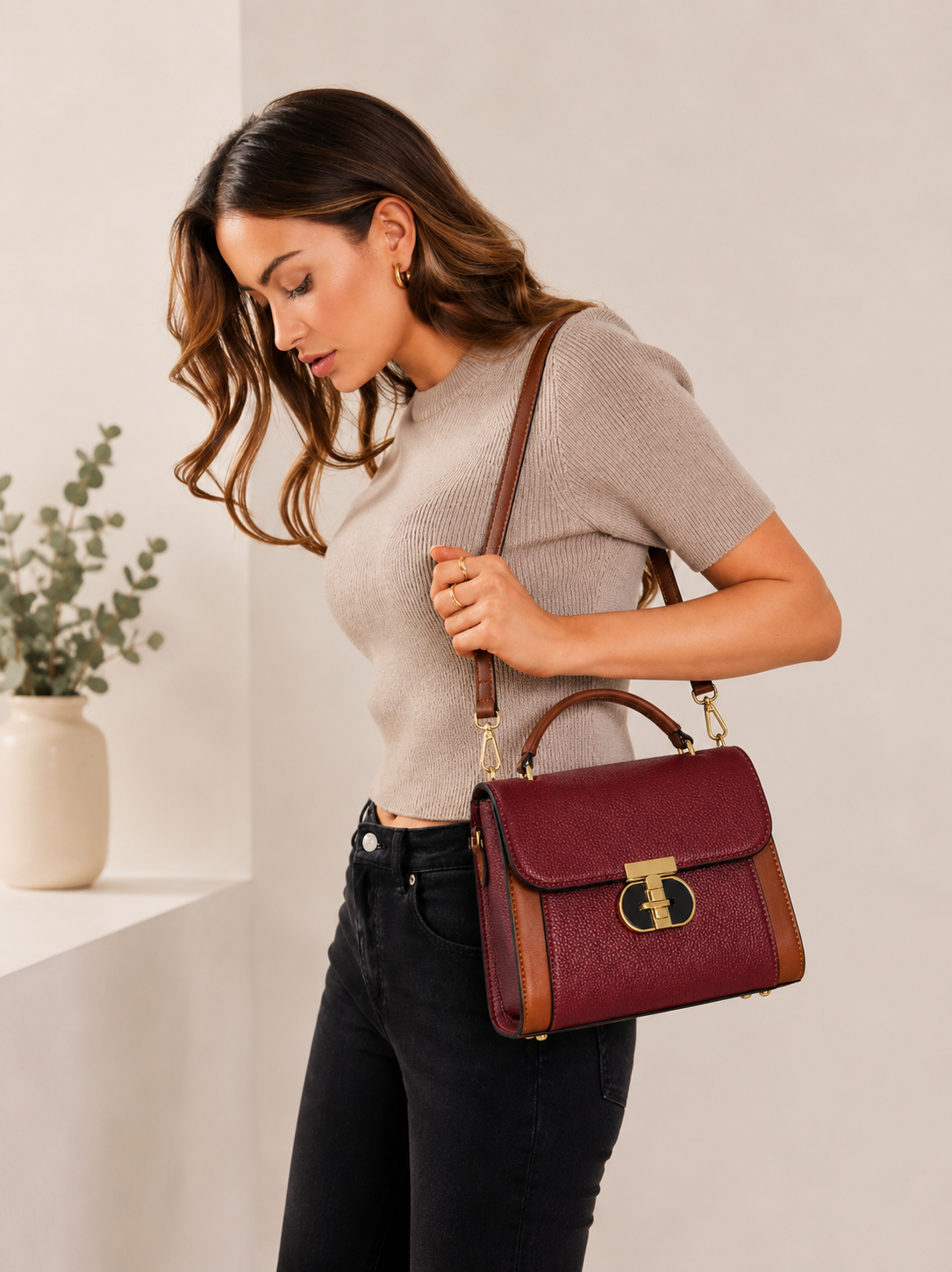 Jadevine Elegant Structured Crossbody Satchel Handbag for Women