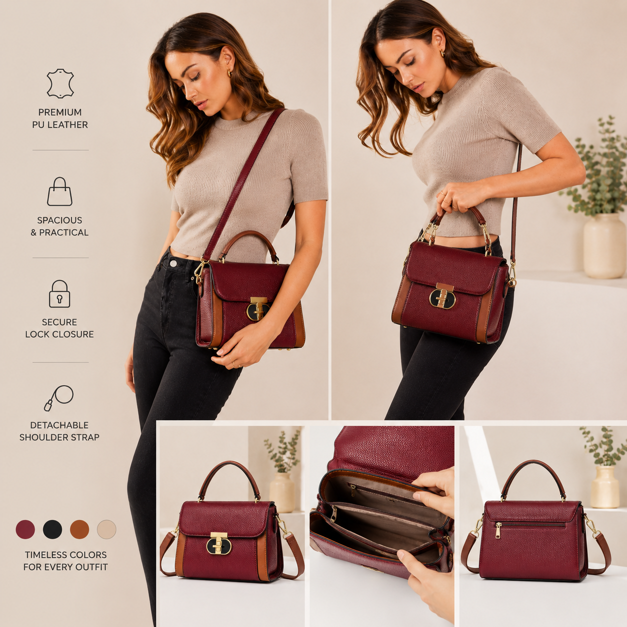 Jadevine Elegant Structured Crossbody Satchel Handbag for Women